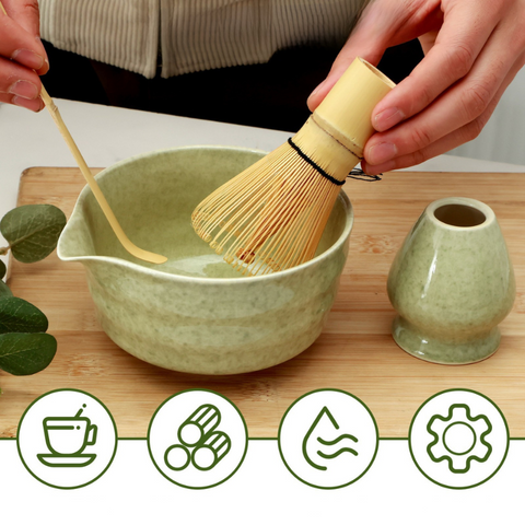 Traditional Japanese Matcha Tea Set | Ceramic Bowl with Bamboo Tools
