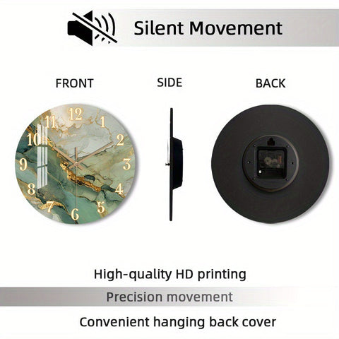 Abstract Marble & Wood Wall Clock – Silent Round Clock with Gold Accents