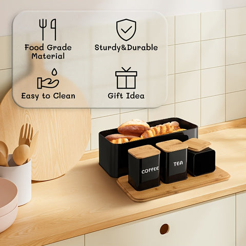 Bread Box Set with Tea, Coffee & Sugar Canisters – Bamboo Lid Kitchen Storage