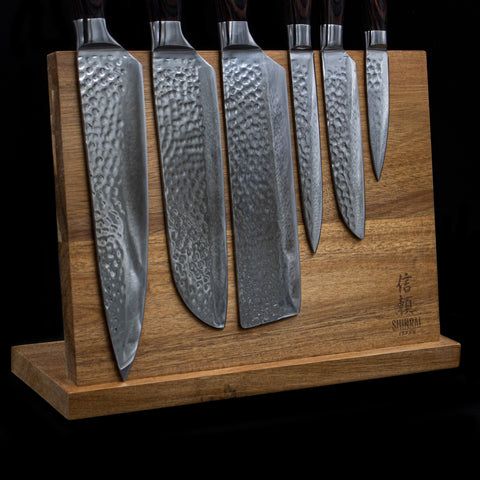 Hammered Stainless Steel 6-Piece Knife Set + Acacia Magnetic Holder