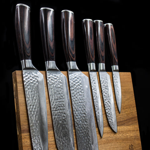 Hammered Stainless Steel 6-Piece Knife Set + Acacia Magnetic Holder