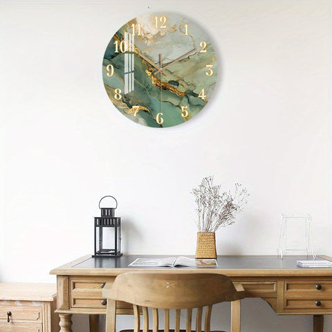 Abstract Marble & Wood Wall Clock – Silent Round Clock with Gold Accents