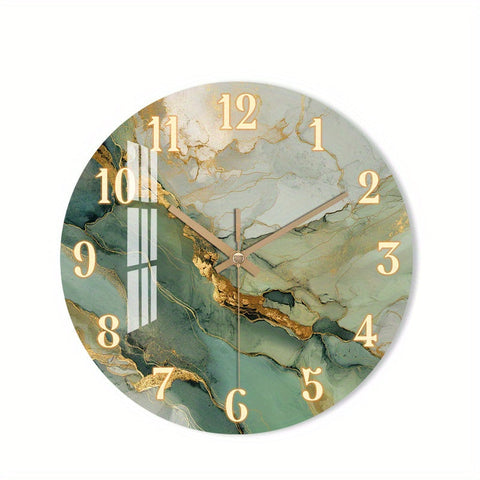 Abstract Marble & Wood Wall Clock – Silent Round Clock with Gold Accents