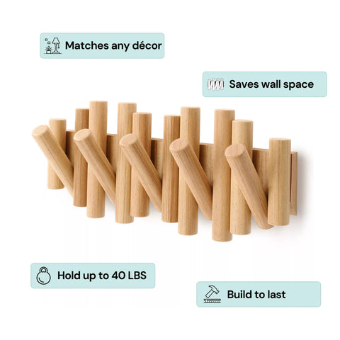Wooden Wall Coat Rack – Fold-Down Hook Organizer