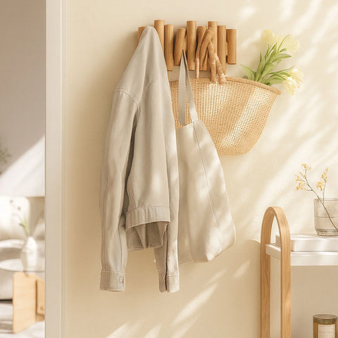 Wooden Wall Coat Rack – Fold-Down Hook Organizer