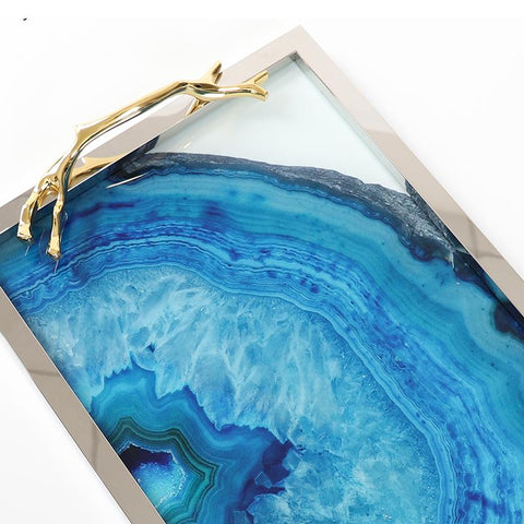 Blue Agate Glass Serving Tray | Stainless Steel Frame