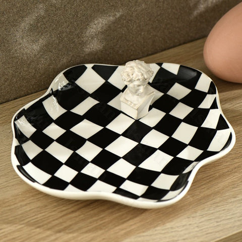 Nordic Ceramic Storage Tray – Modern Checkered Design for Stylish Organization