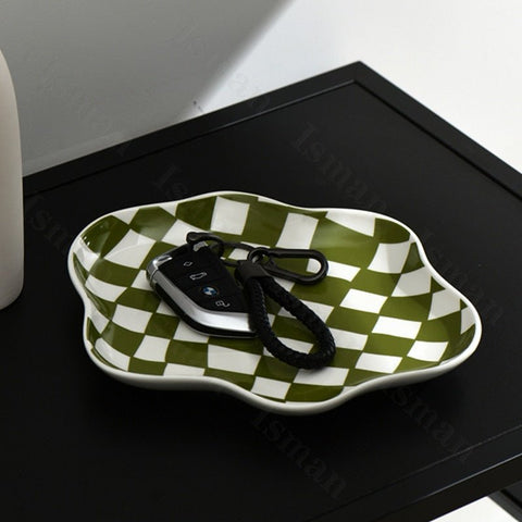Nordic Ceramic Storage Tray – Modern Checkered Design for Stylish Organization