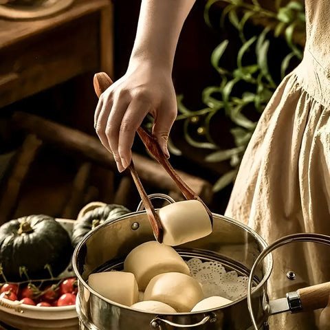 Natural wood kitchen tongs