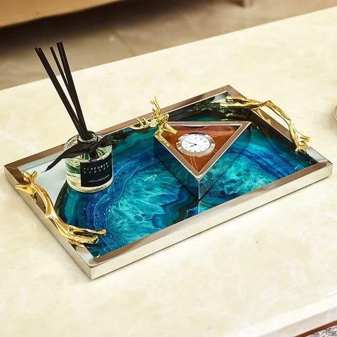 Blue Agate Glass Serving Tray | Stainless Steel Frame