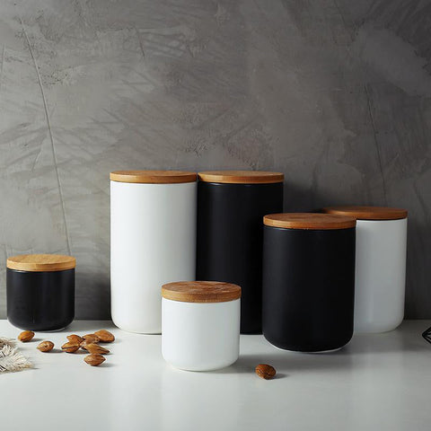 Ceramic Storage Jar – Black or White with Natural Wood Lid