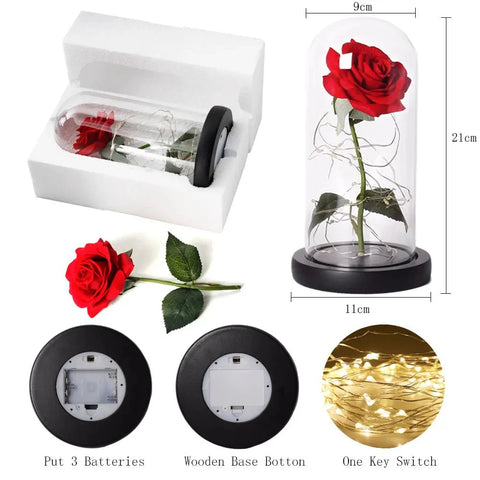 Preserved Rose in Glass Bell Jar – LED Light Beauty & Home Decor