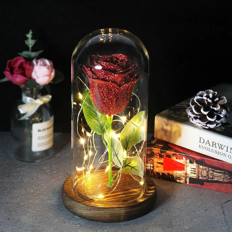Preserved Rose in Glass Bell Jar – LED Light Beauty & Home Decor