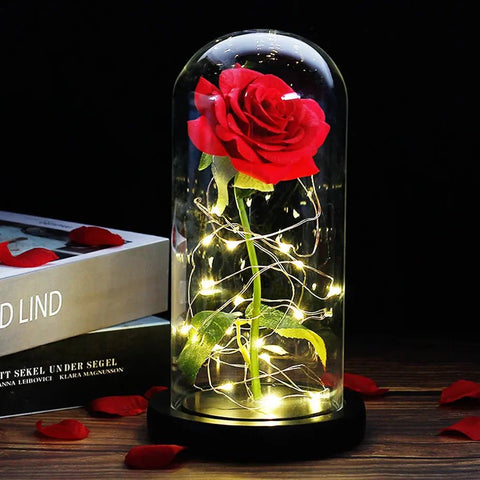 Preserved Rose in Glass Bell Jar – LED Light Beauty & Home Decor
