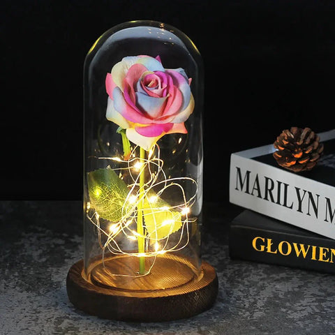 Preserved Rose in Glass Bell Jar – LED Light Beauty & Home Decor
