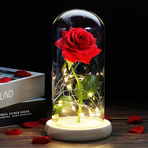Preserved Rose in Glass Bell Jar – LED Light Beauty & Home Decor