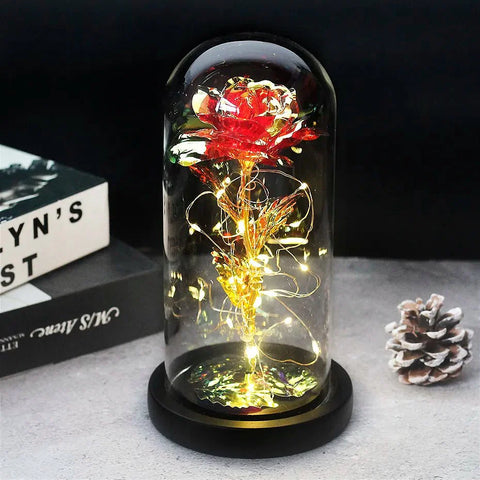 Preserved Rose in Glass Bell Jar – LED Light Beauty & Home Decor