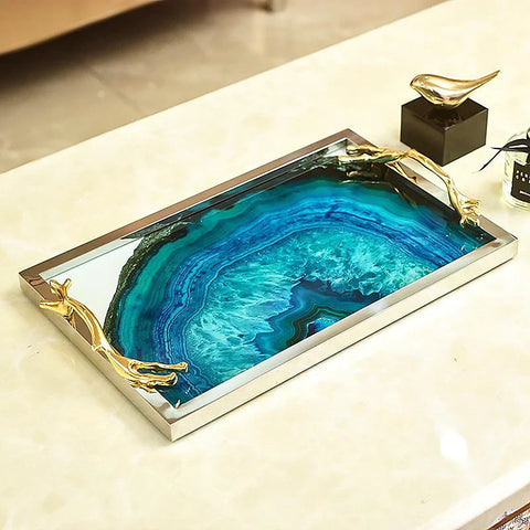 Blue Agate Glass Serving Tray | Stainless Steel Frame